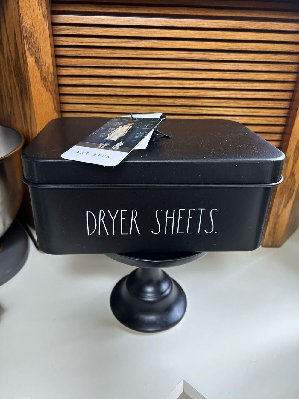 Rae Dunn Black Dryer Sheets Metal tin container Laundry Room Farmhouse Decor